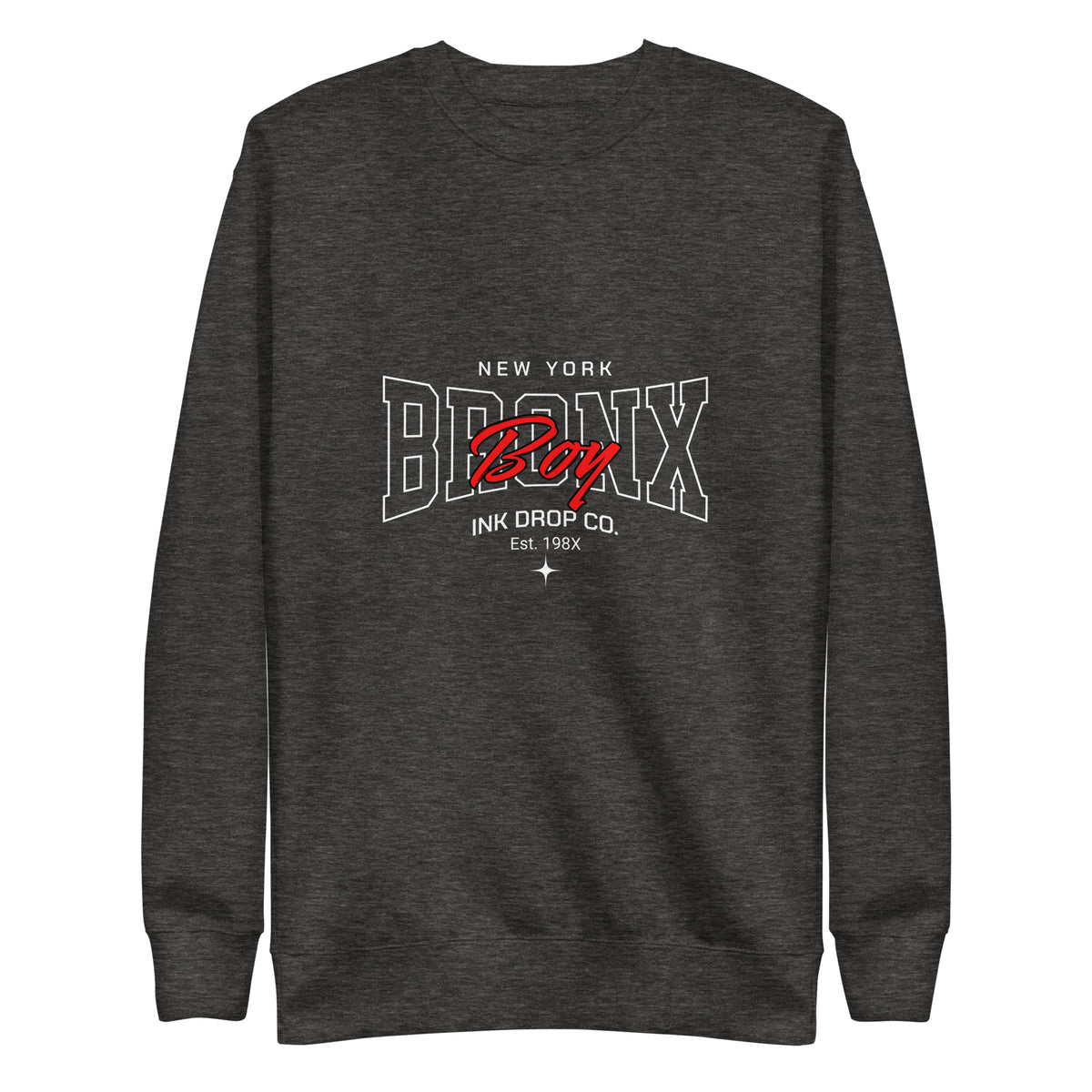 Charcoal heather crewneck sweatshirt with front New York Bronx graphic
