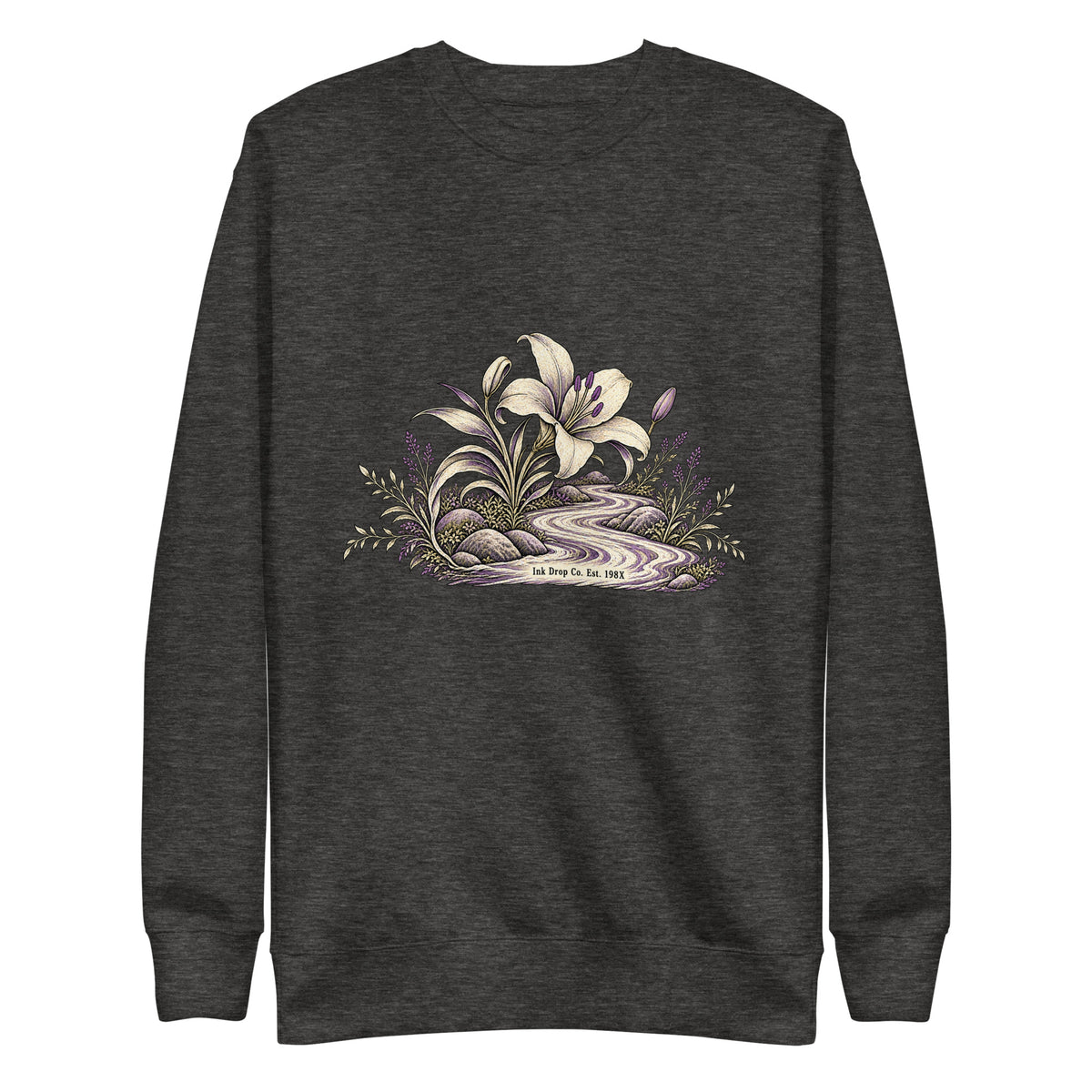 Women's crewneck sweatshirt, charcoal with floral front graphic