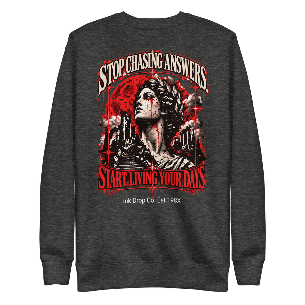Charcoal heather unisex crewneck sweatshirt with long sleeves and red/white portrait graphic