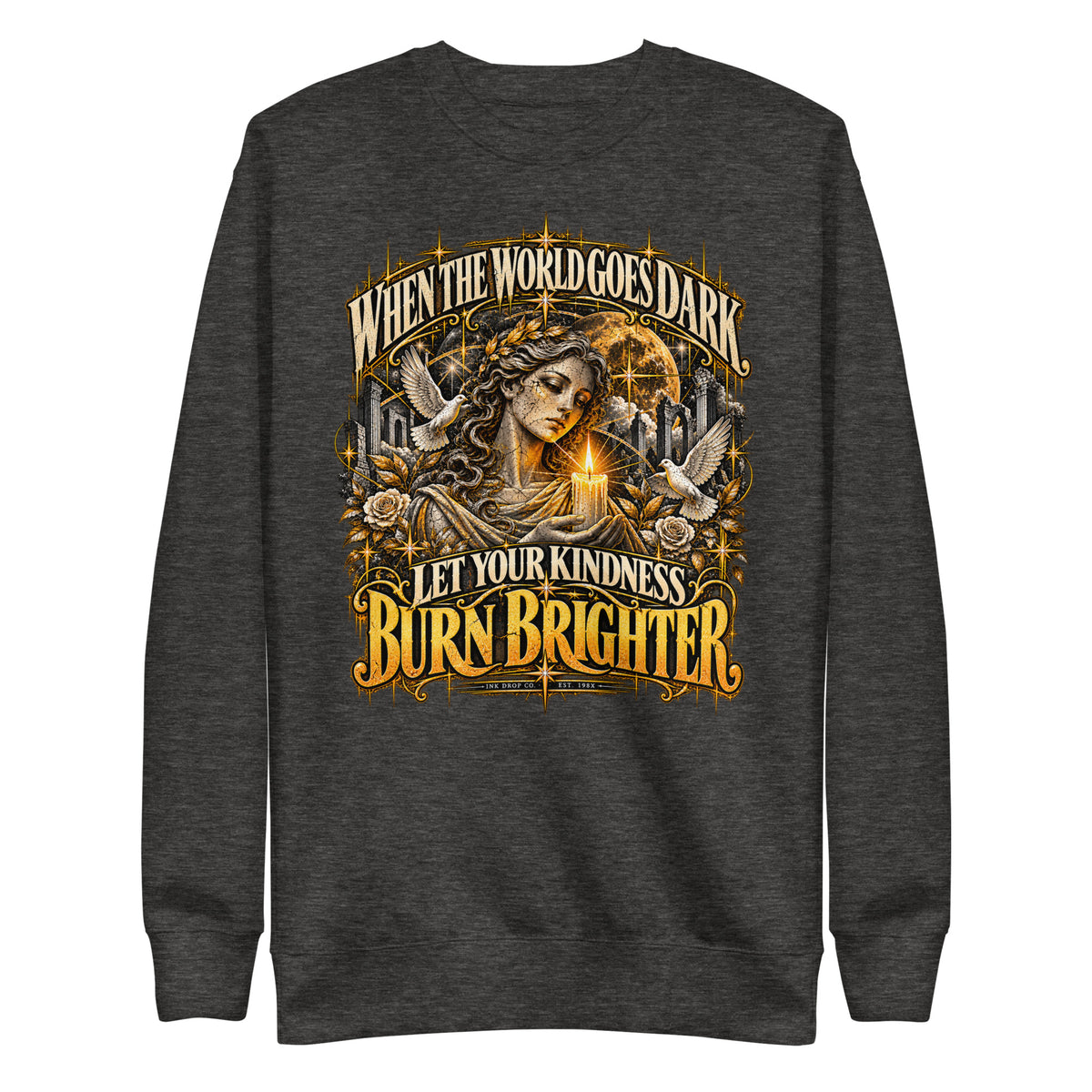 Unisex crewneck sweatshirt in charcoal with gold graphic design on the front