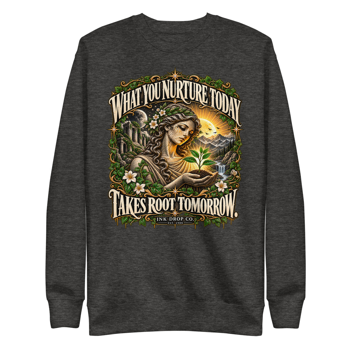 Charcoal heather unisex crewneck sweatshirt with front nature graphic print