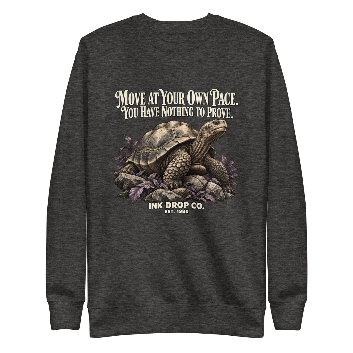 Unisex crewneck sweatshirt in charcoal heather, front graphic print.