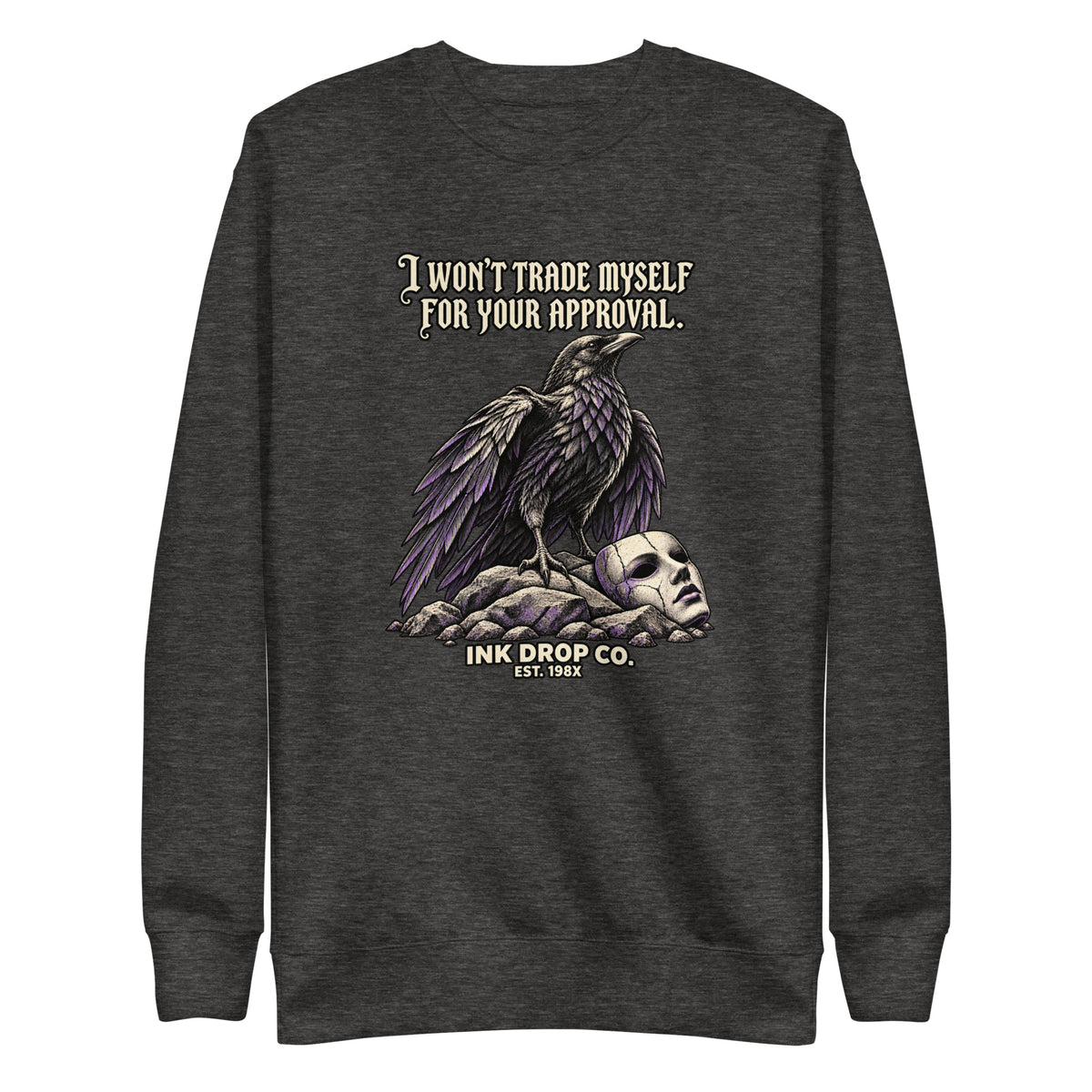 Charcoal heather unisex crewneck sweatshirt with purple skull graphic on front