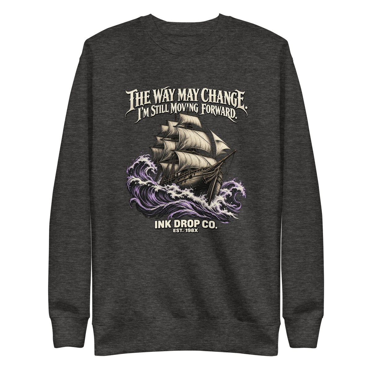 Unisex crewneck sweatshirt, charcoal heather, front graphic print with long sleeves.