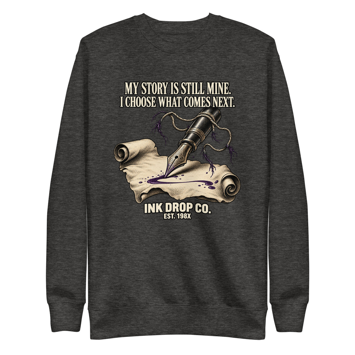 Unisex crewneck sweatshirt, charcoal heather with front pen-and-ink drop graphic