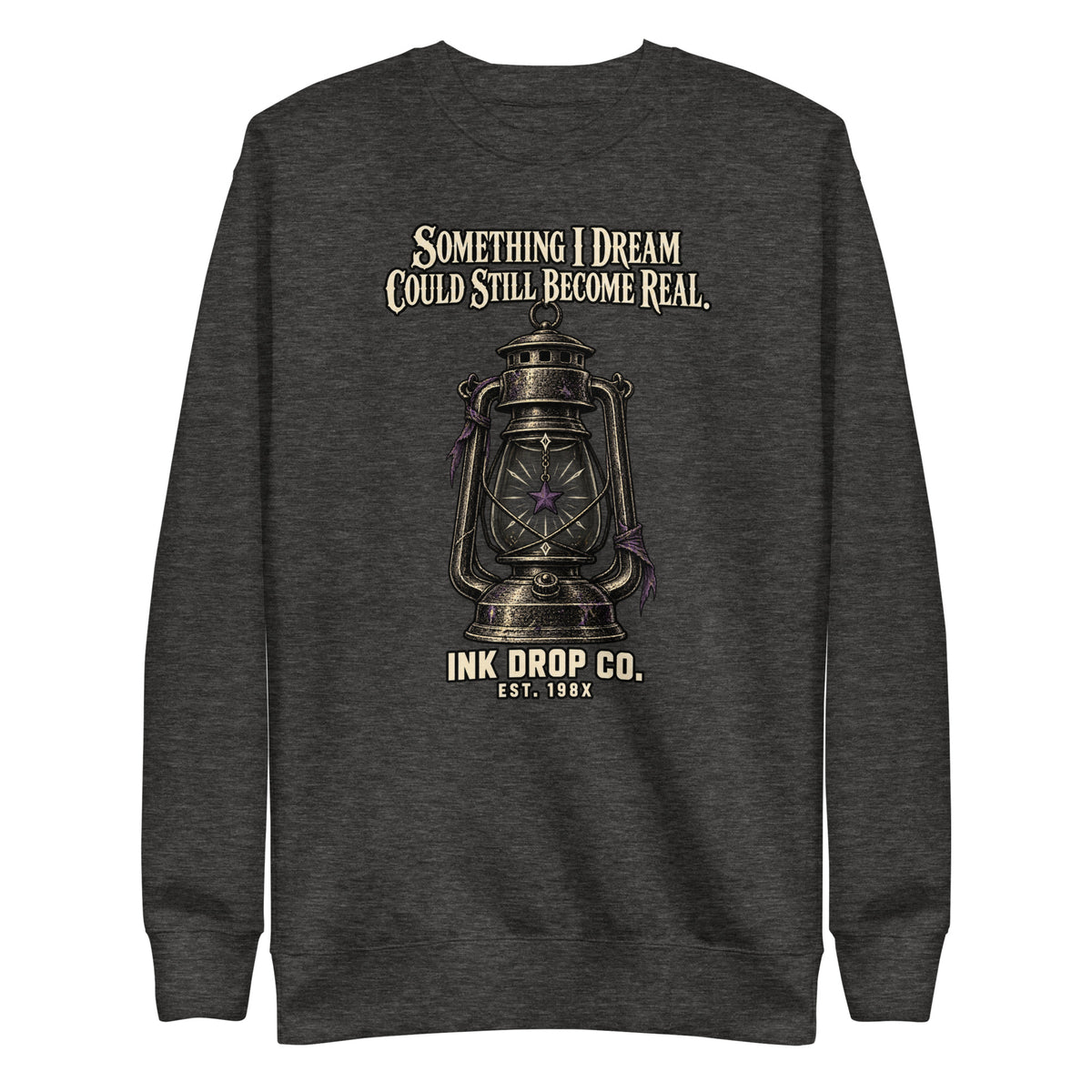 Heather charcoal unisex crewneck sweatshirt with front lantern graphic print