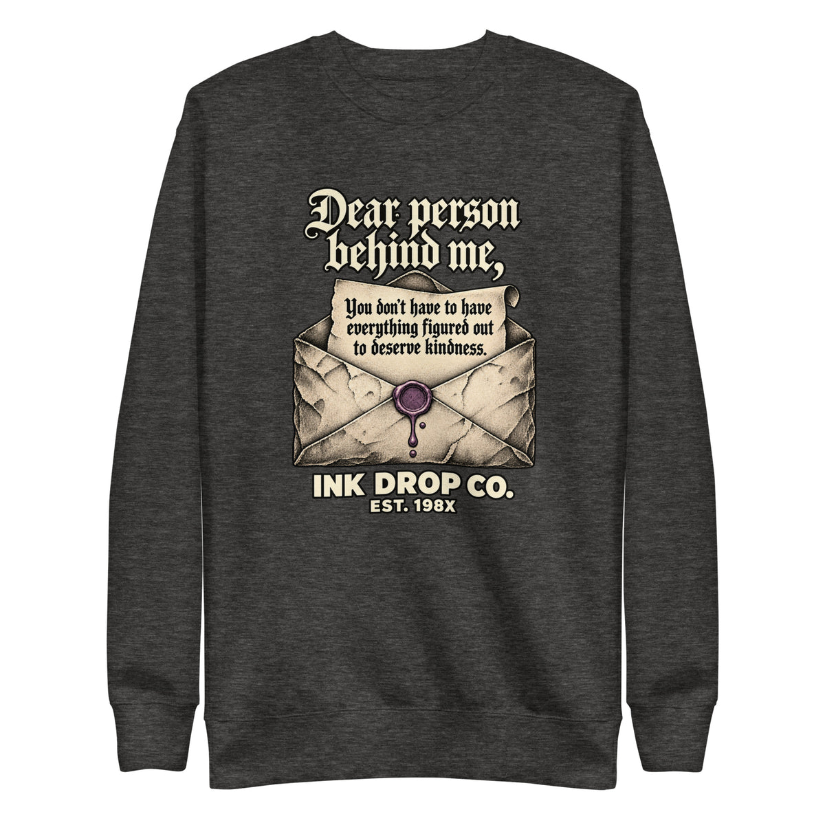 Charcoal heather unisex crewneck sweatshirt with front graphic print and long sleeves