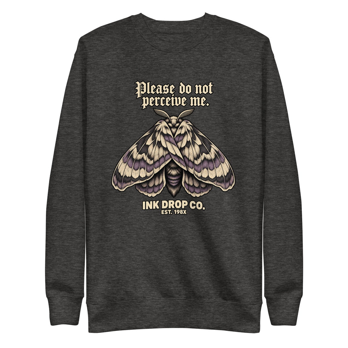 Charcoal heather unisex crewneck sweatshirt with moth graphic front print