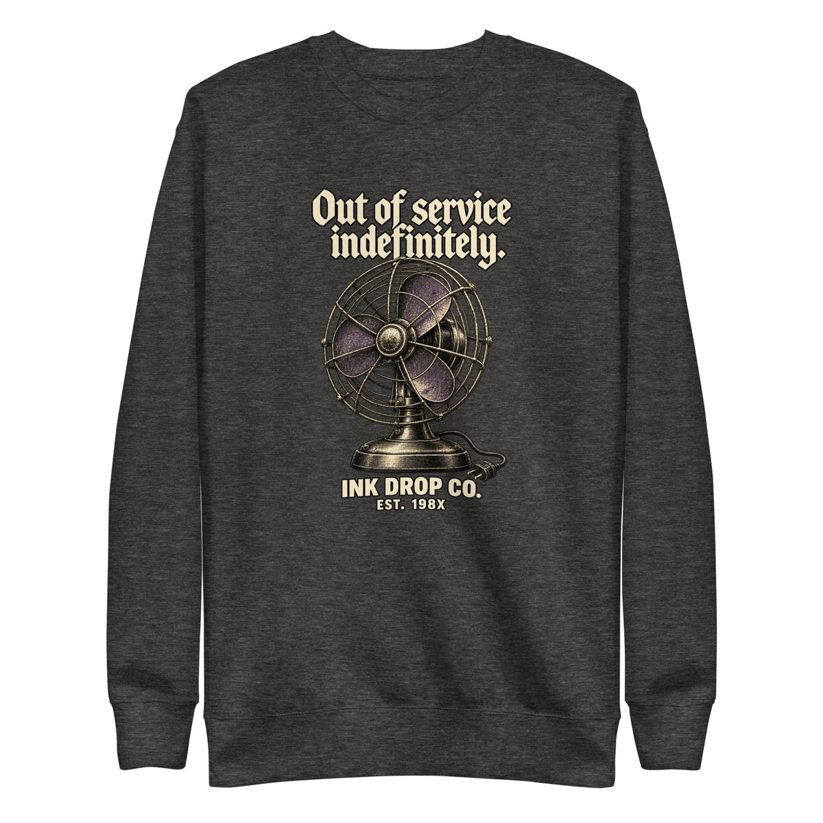 Charcoal heather unisex crewneck sweatshirt, front vintage fan graphic