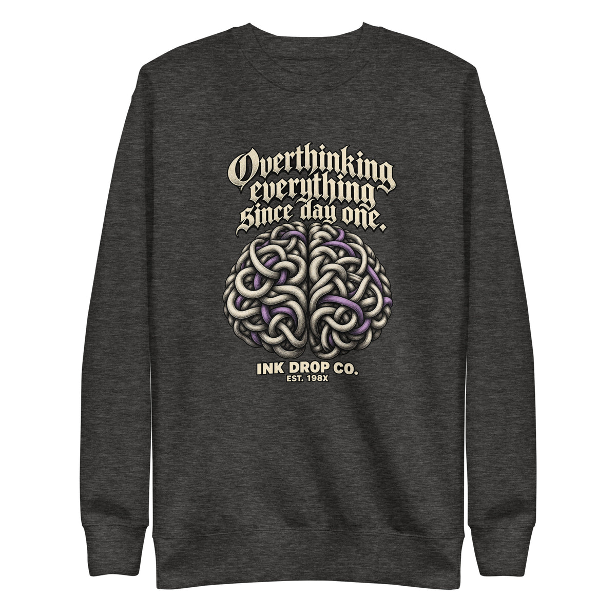 Charcoal heather unisex crewneck sweatshirt with front graphic logo print on chest