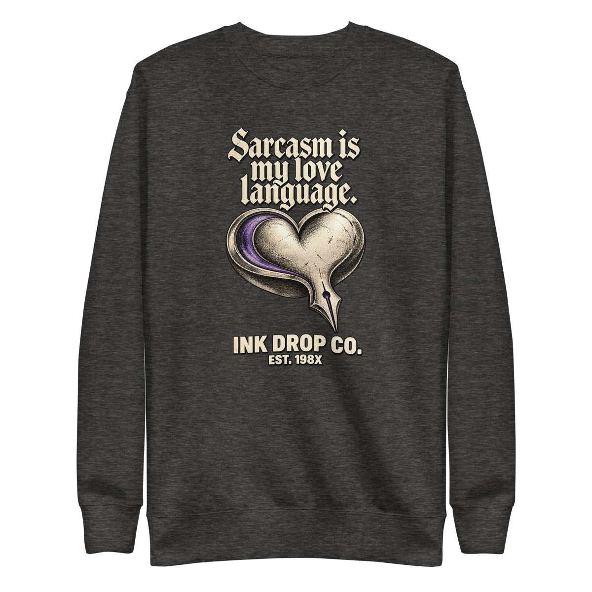 Unisex charcoal crewneck sweatshirt with heart graphic and lettering on front