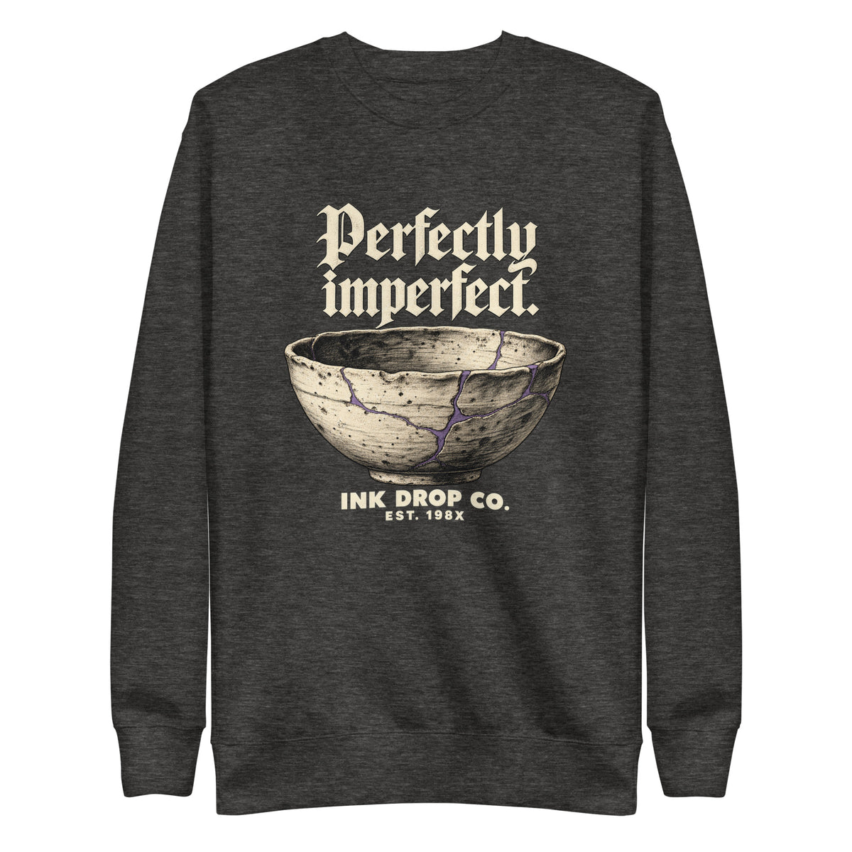Charcoal heather crewneck sweatshirt with bowl and 'Perfectly imperfect' graphic, long sleeves.