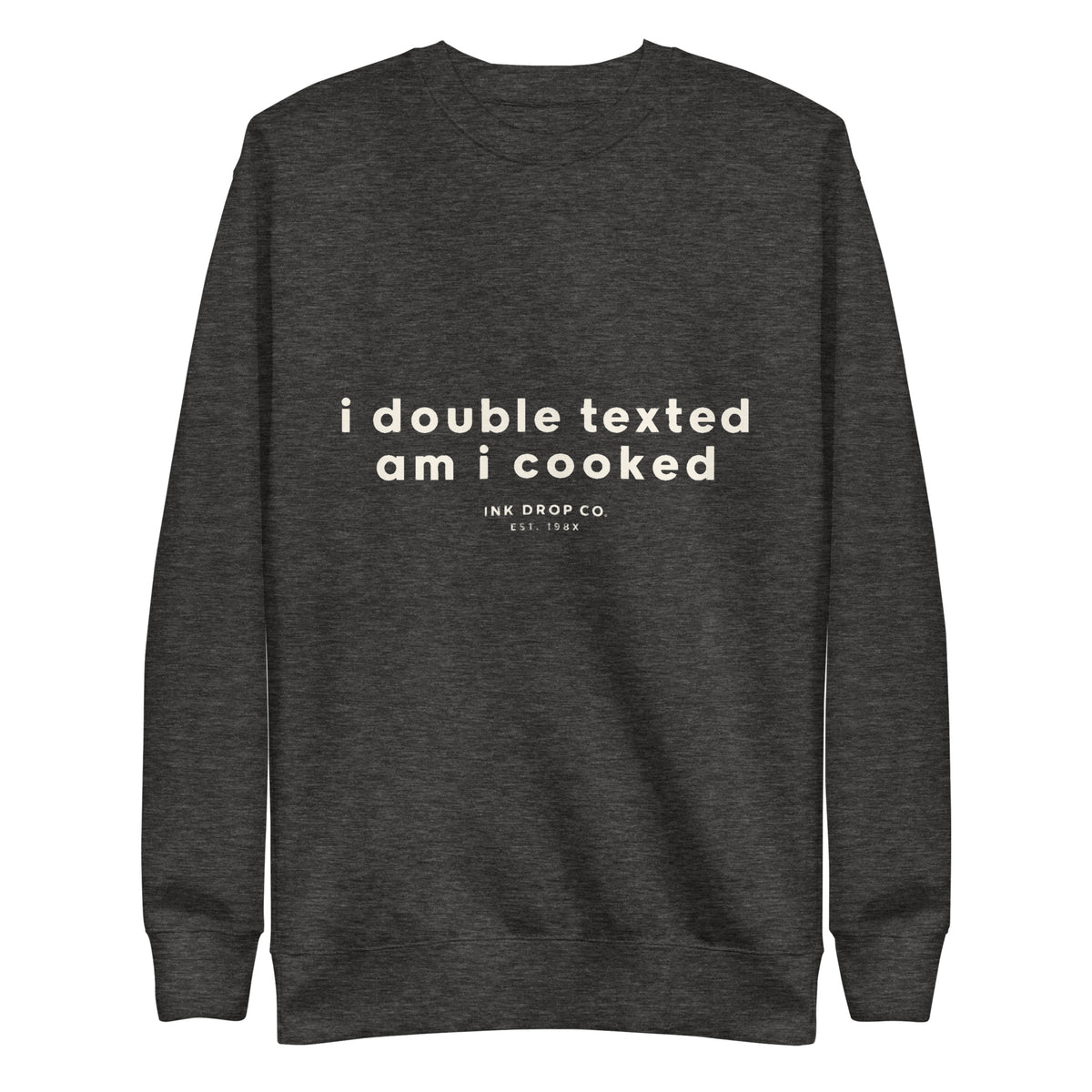 Charcoal crewneck sweatshirt with front graphic, long sleeves, ribbed cuffs and hem