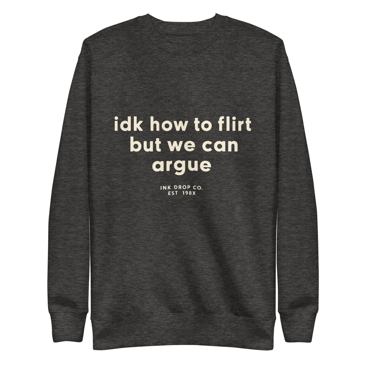 Charcoal heather unisex crewneck sweatshirt with front graphic text print