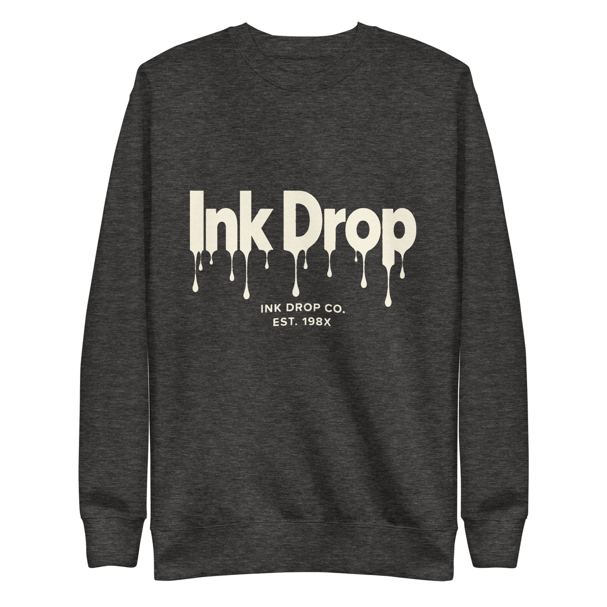 Charcoal heather unisex crewneck sweatshirt with Ink Drop drip graphic on front