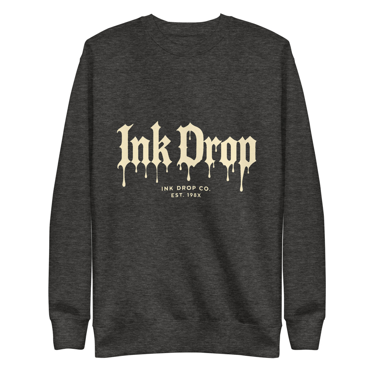 Charcoal heather unisex crewneck sweatshirt with front gothic drip logo print, long sleeves