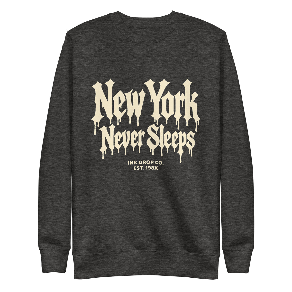 Charcoal heather unisex crewneck sweatshirt with "New York Never Sleeps" front graphic