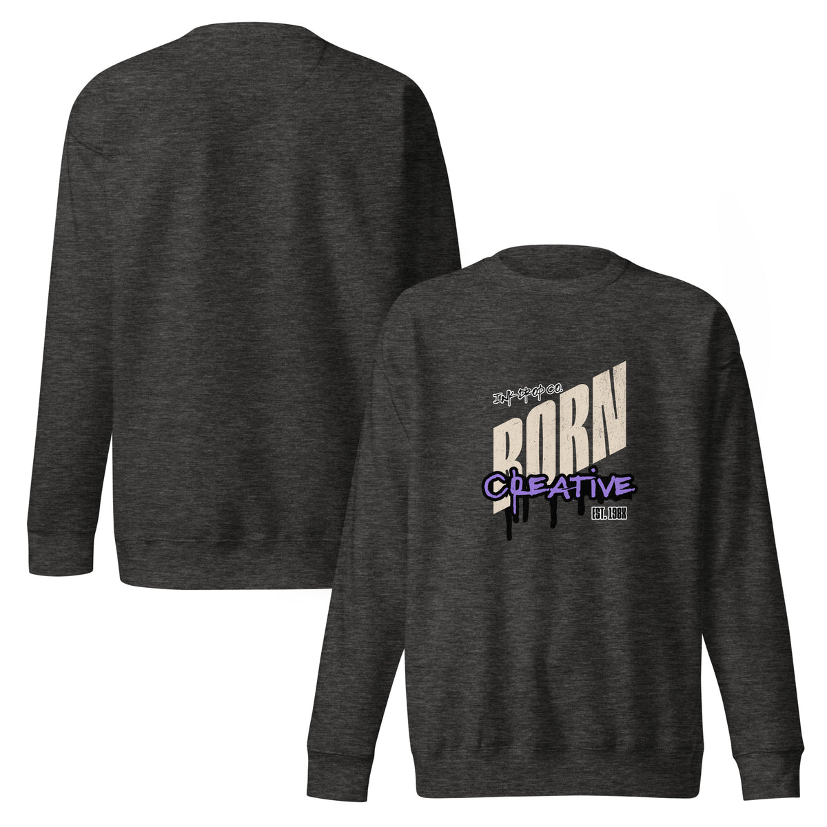 Charcoal heather crewneck sweatshirt with Born Creative graphic, front and back
