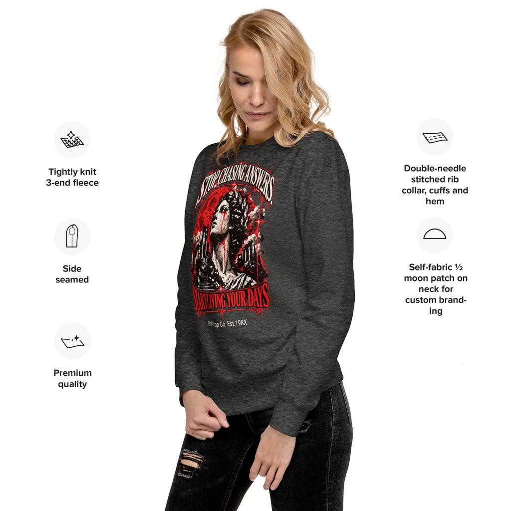 Black unisex crewneck sweatshirt with red graphic front and long sleeves
