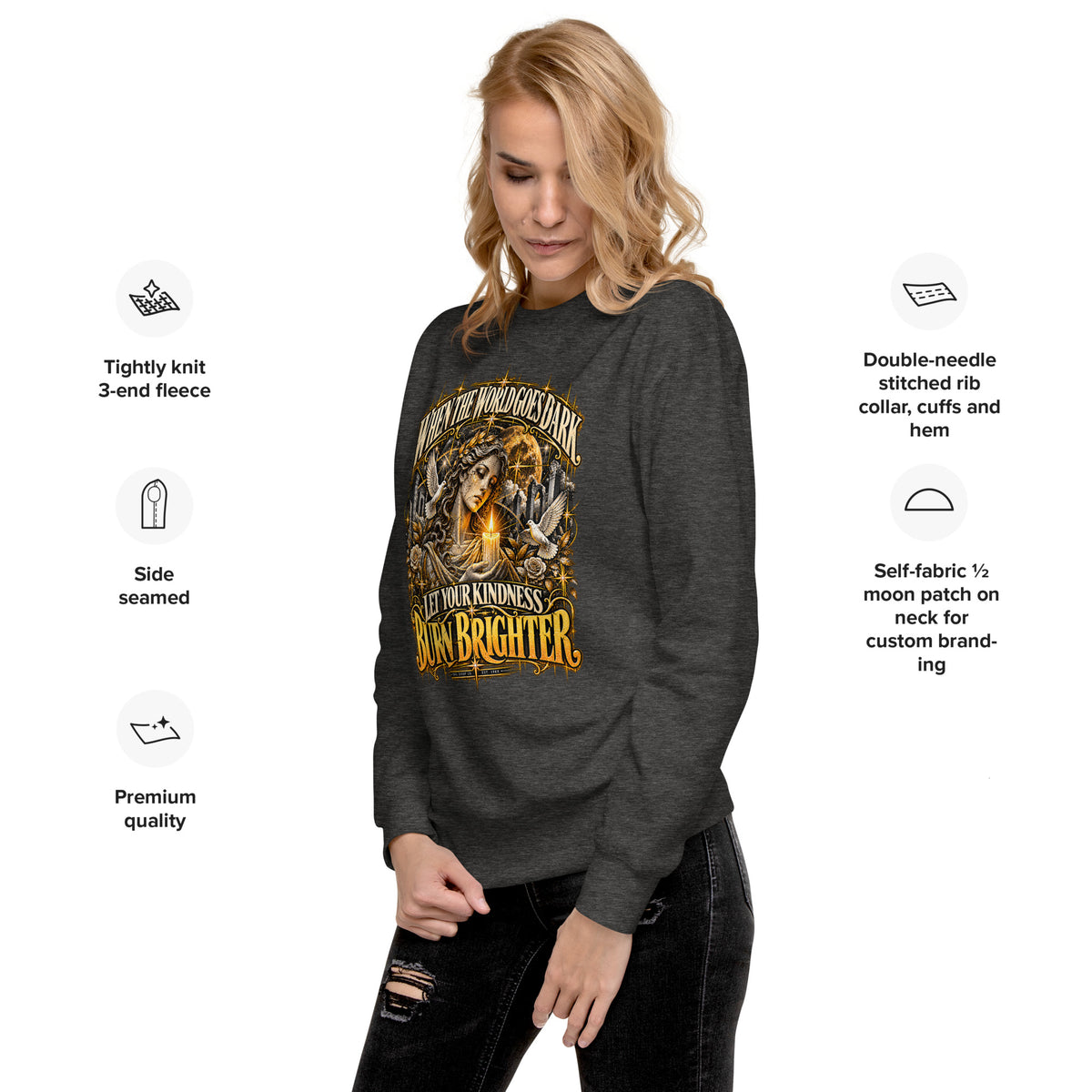 Unisex crewneck sweatshirt, dark charcoal, gold graphic front print
