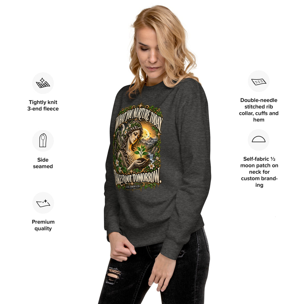 Unisex crewneck sweatshirt, black with front nature graphic and ribbed cuffs
