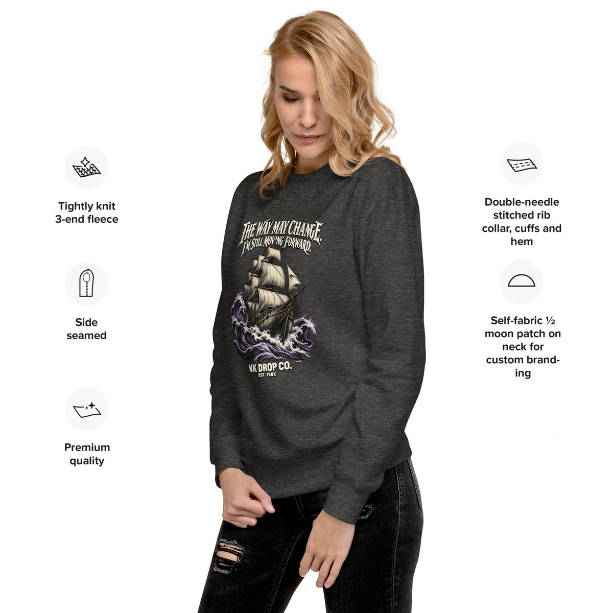Black unisex crewneck sweatshirt with long sleeves and front graphic print