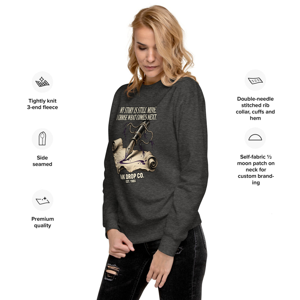 Black unisex crewneck sweatshirt with graphic front print and long sleeves.