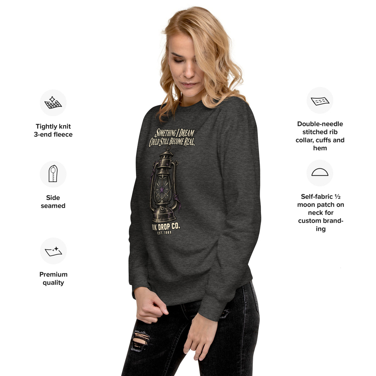 Charcoal unisex crewneck sweatshirt with large lantern graphic on chest.