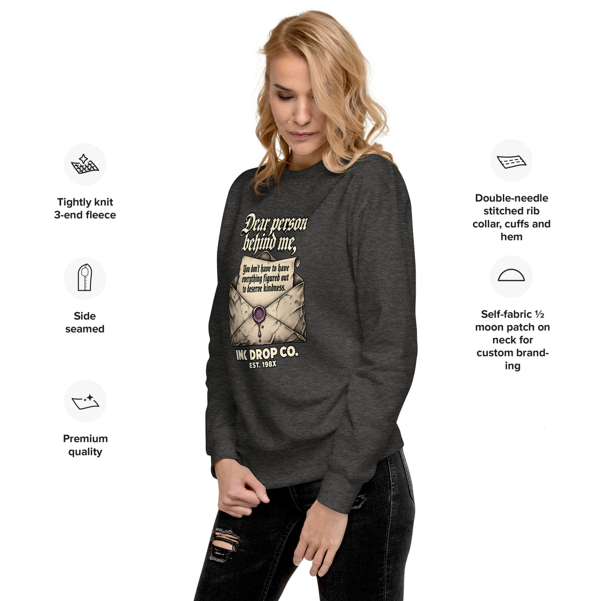 Unisex crewneck sweatshirt in black with large front graphic print
