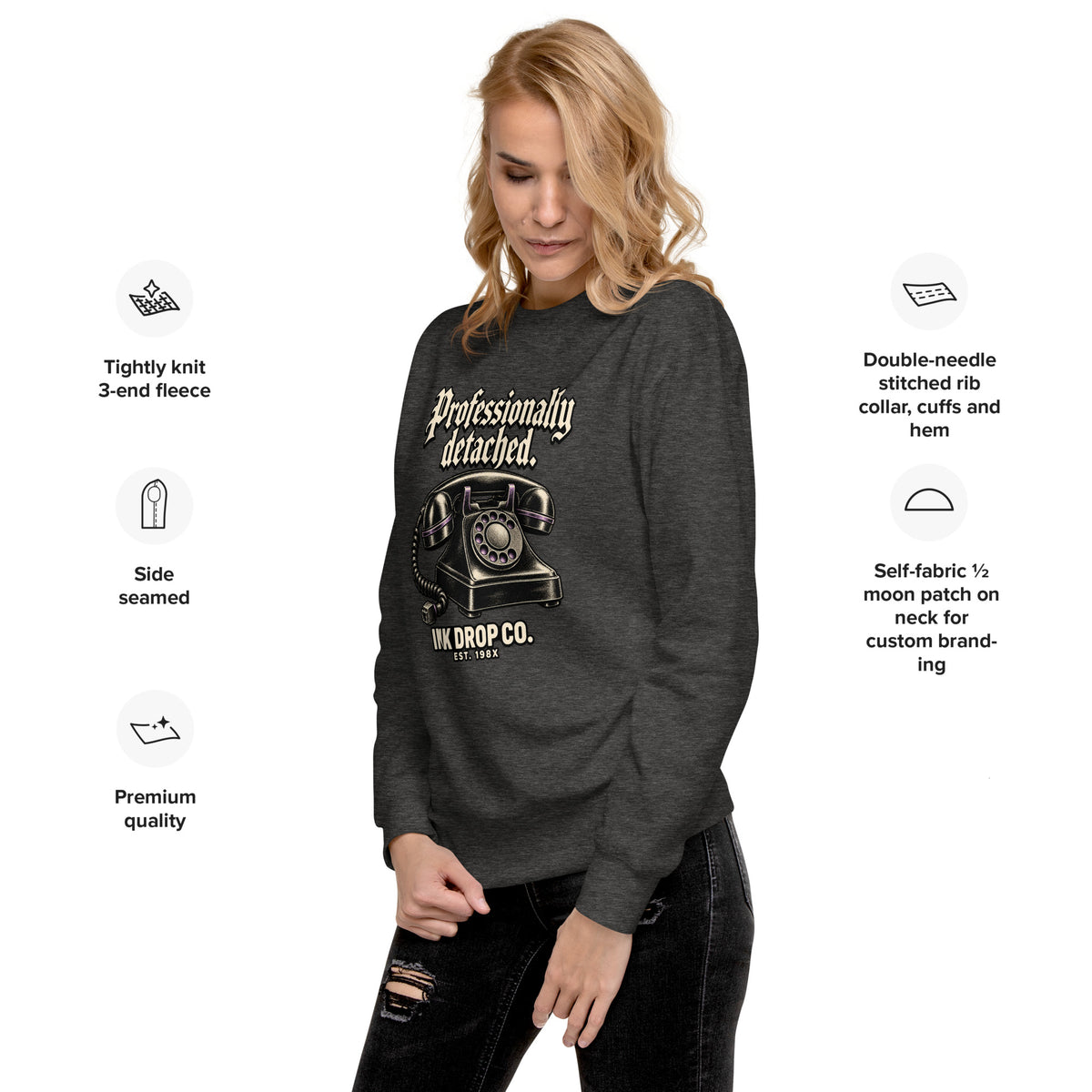 Black unisex crewneck sweatshirt with front graphic and long sleeves