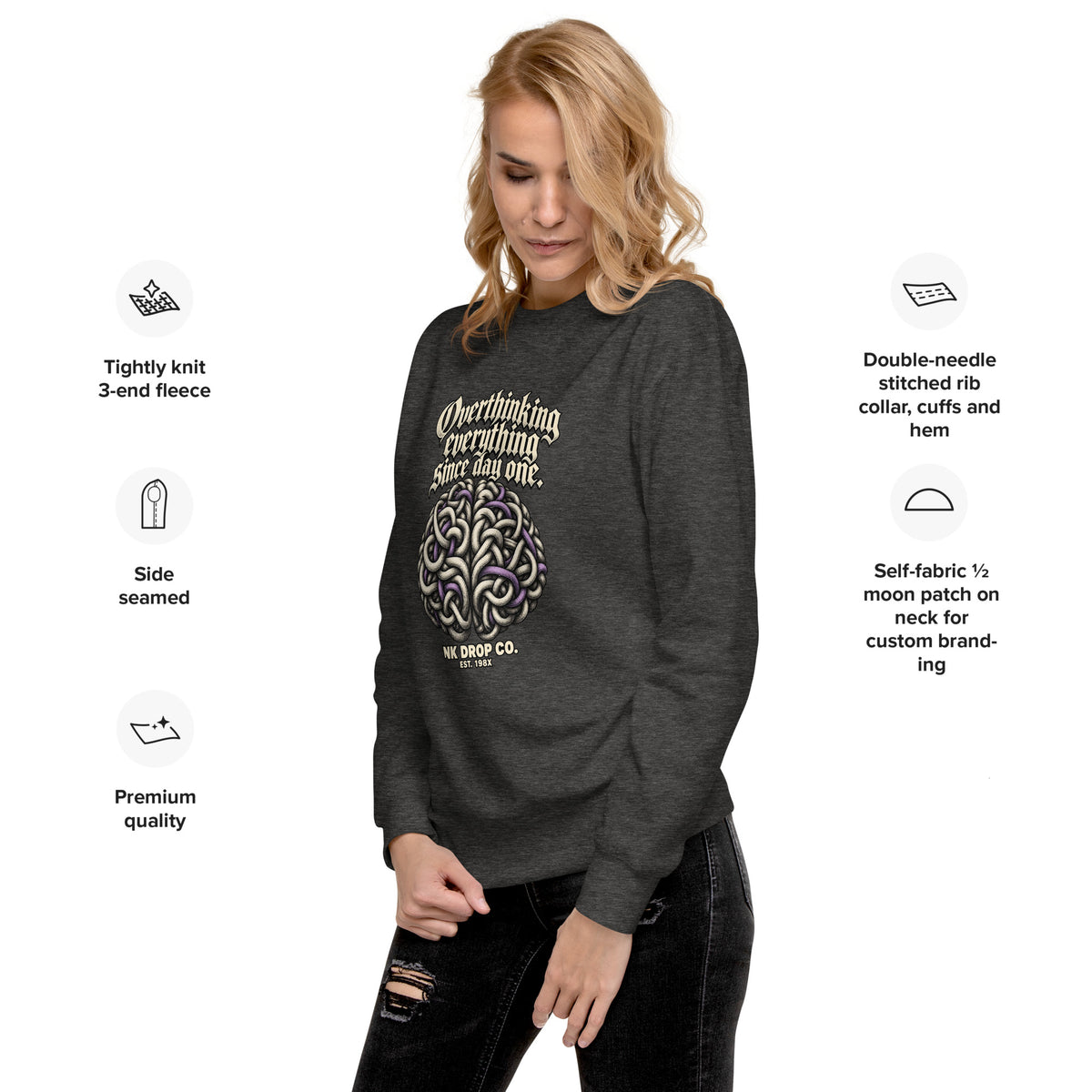 Heather grey unisex crewneck sweatshirt front view with graphic print and ribbed cuffs