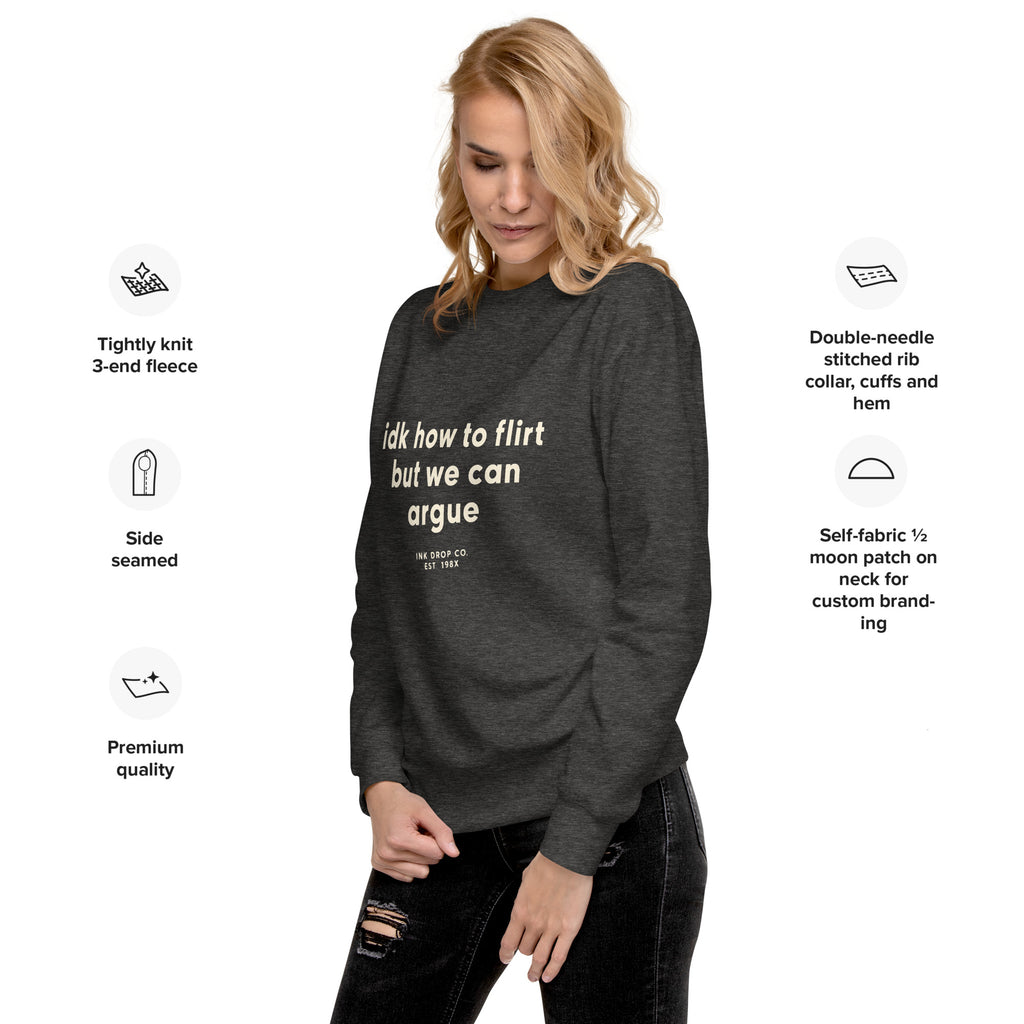 Dark grey unisex crewneck sweatshirt with front graphic and ribbed cuffs