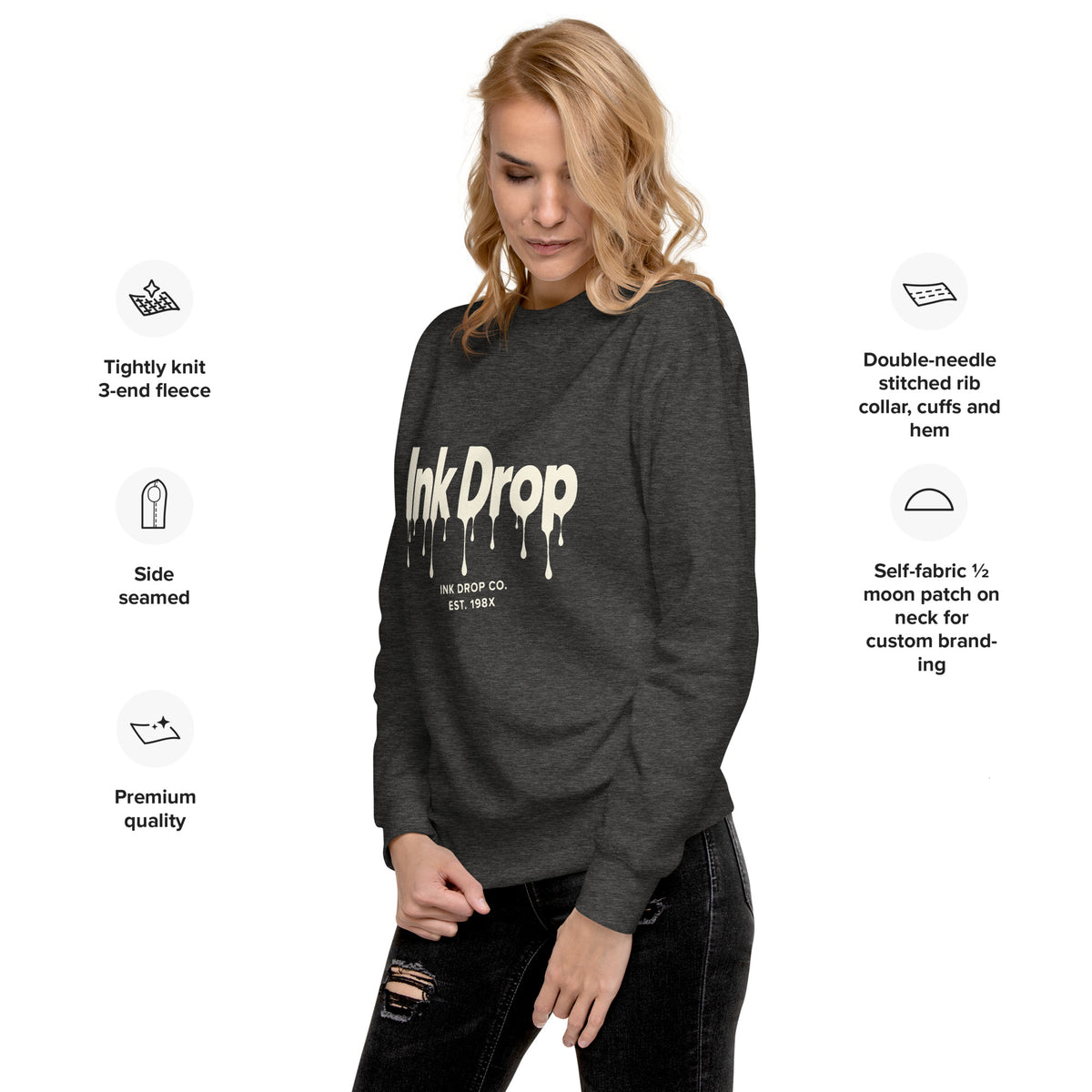 Charcoal heather unisex crewneck sweatshirt with Ink Drop drip logo on front
