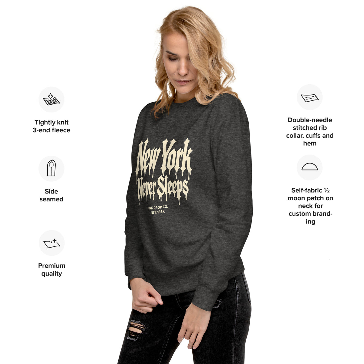 Unisex crewneck sweatshirt in dark heather gray with front graphic print