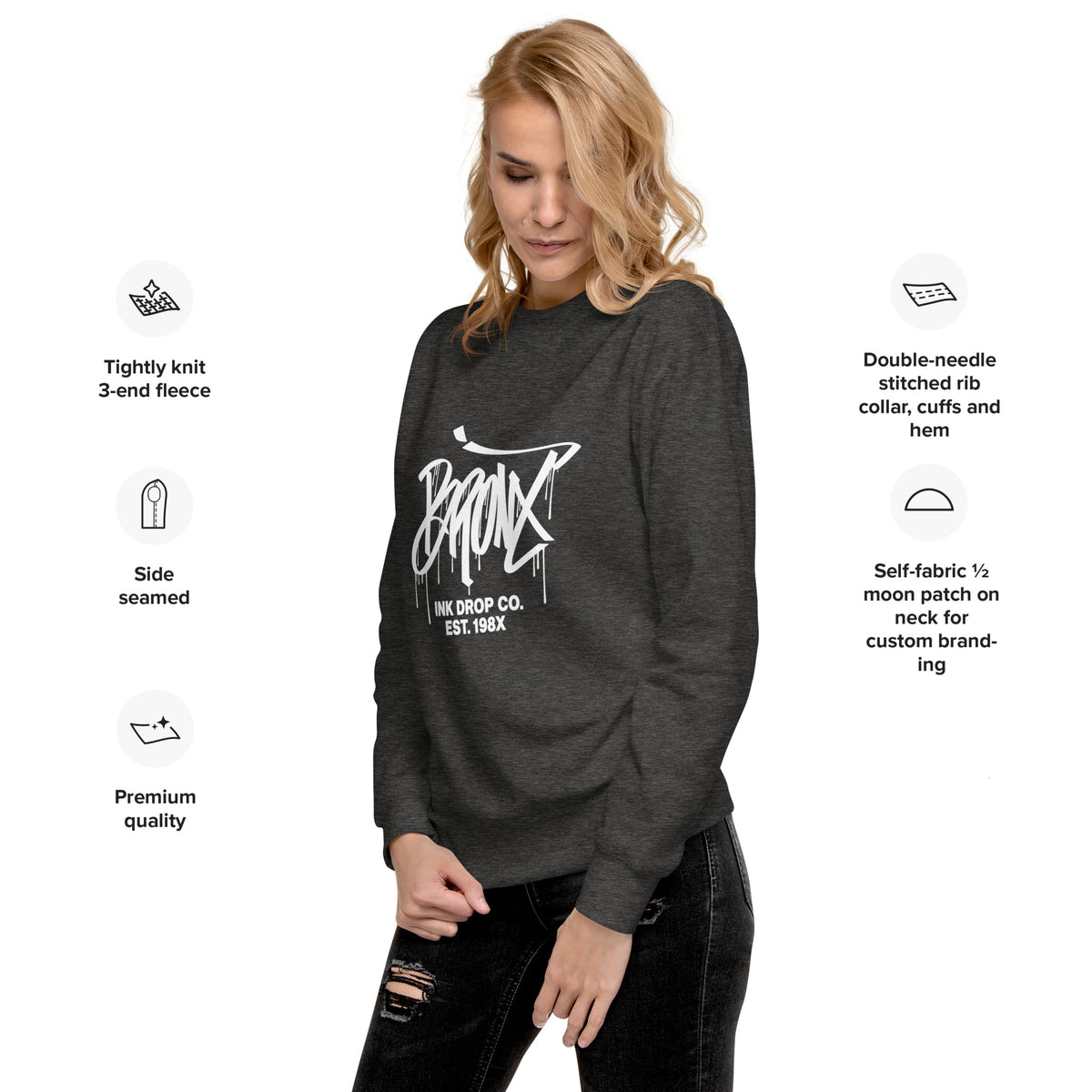 Charcoal heather crewneck sweatshirt with front graffiti-style logo print
