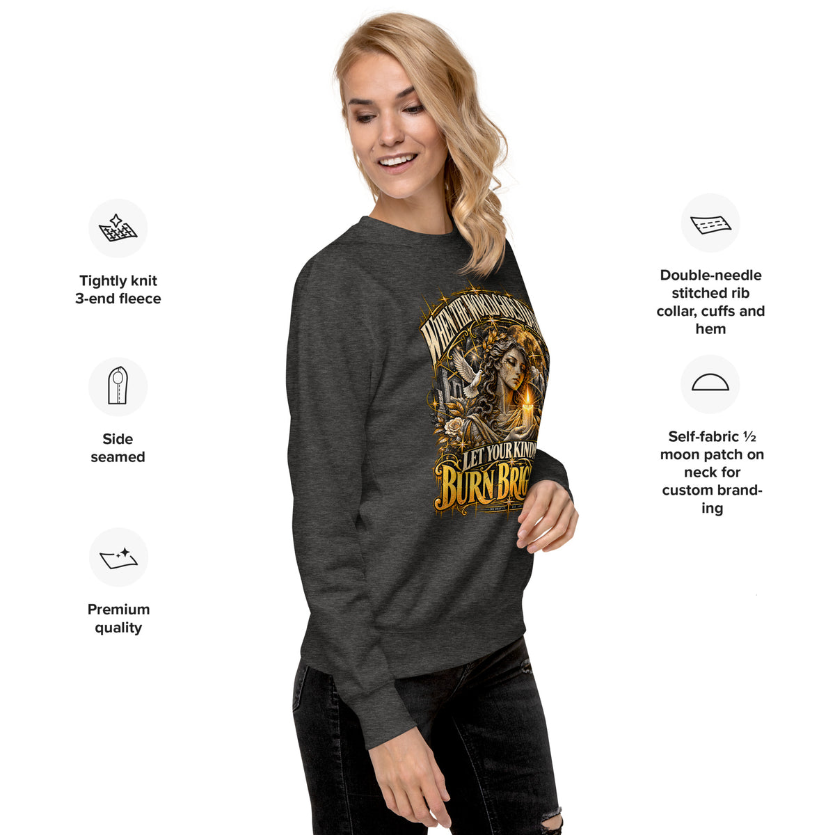 Unisex crewneck sweatshirt, dark gray, gold graphic front with angel-style art