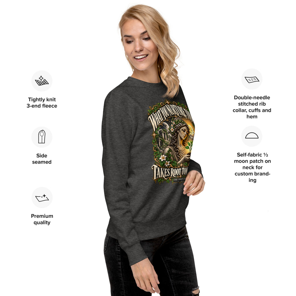 Unisex crewneck sweatshirt, charcoal heather with front nature graphic and ribbed cuffs