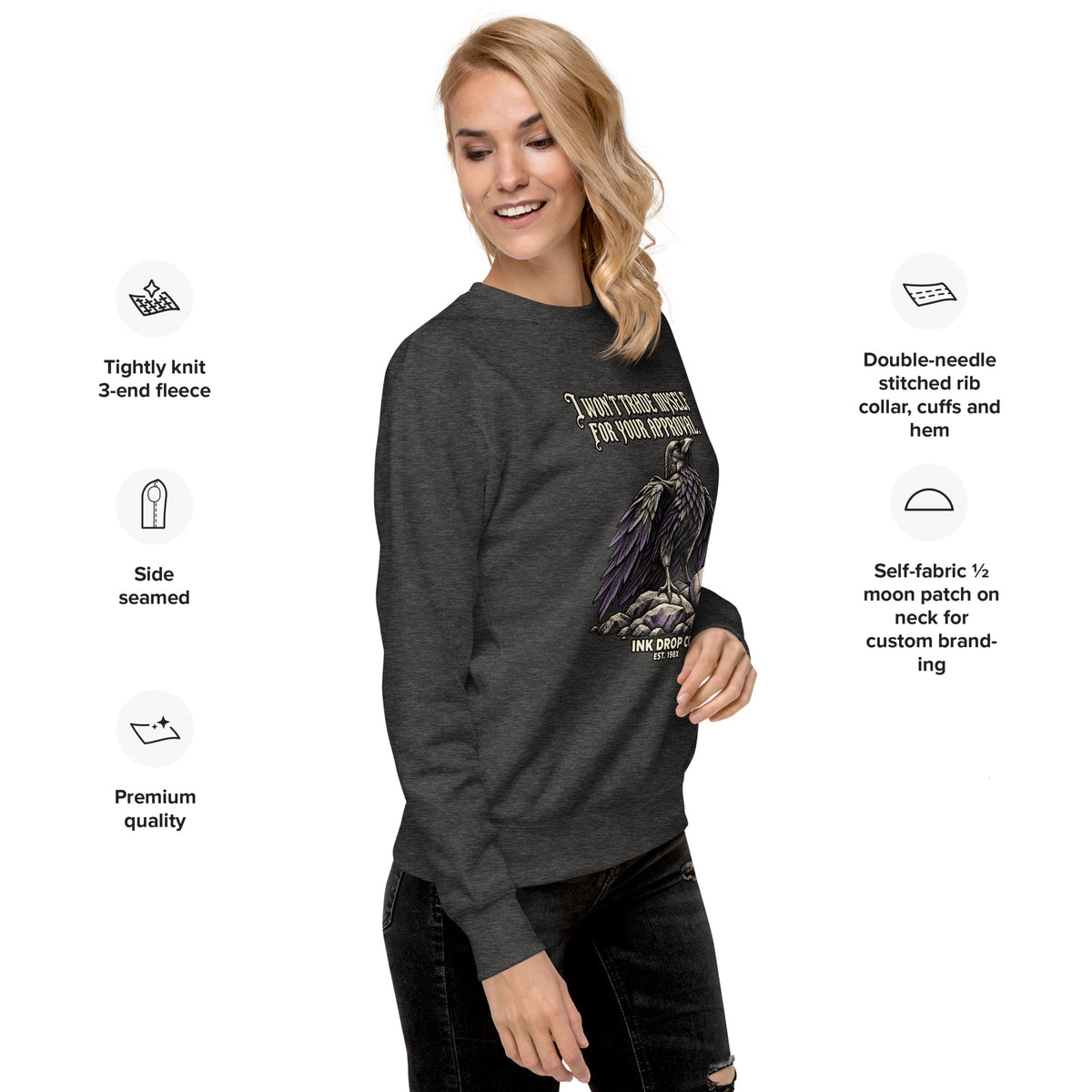 Charcoal heather unisex crewneck sweatshirt with front graphic print and ribbed cuffs