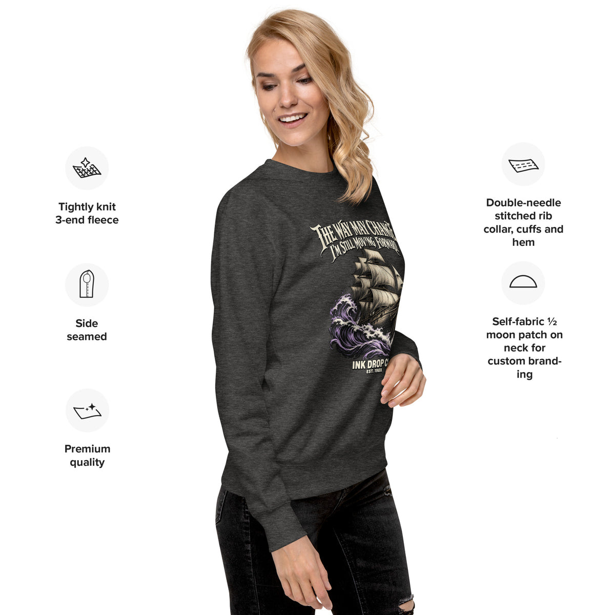 Black unisex crewneck sweatshirt with crew neck and front graphic print, relaxed fit