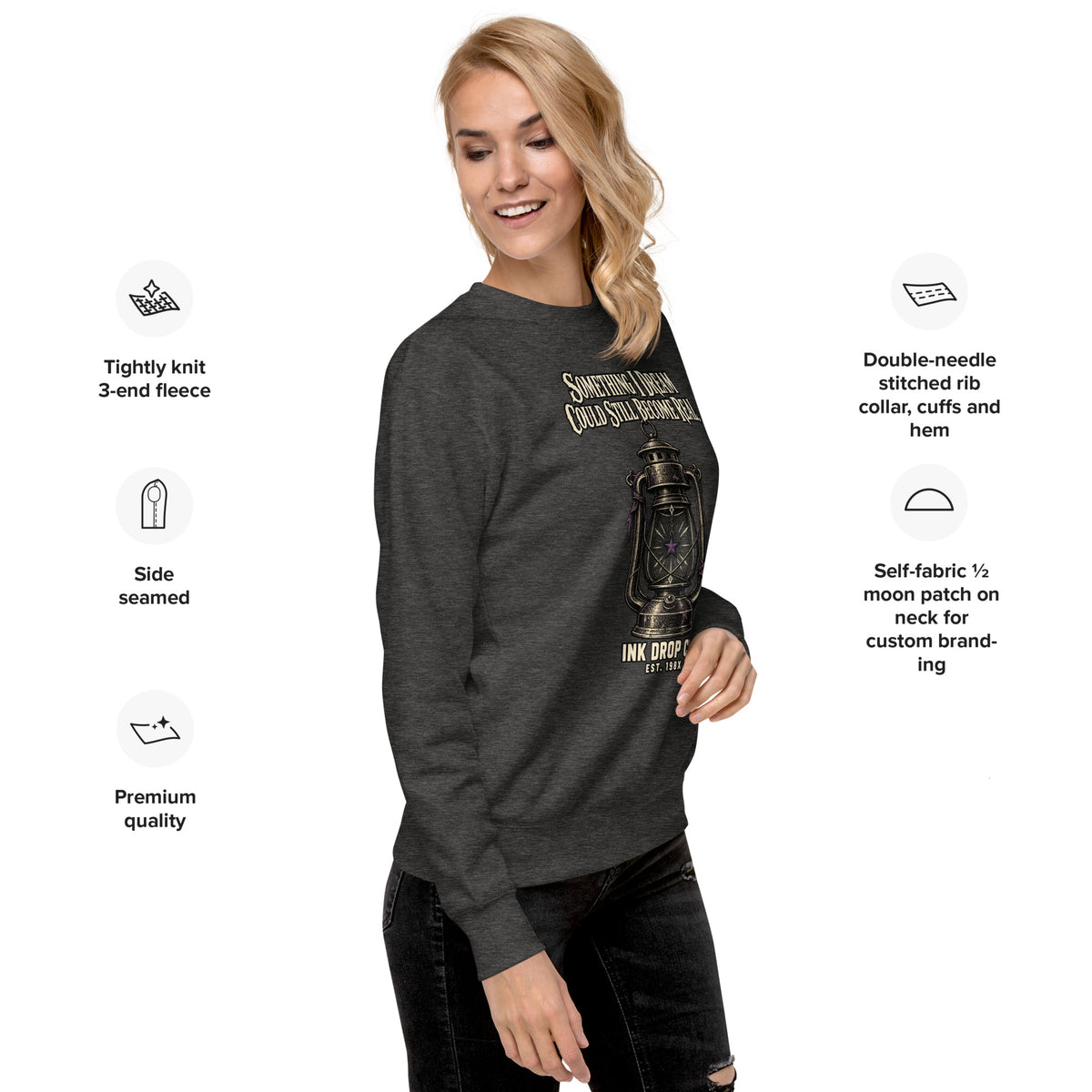 Charcoal unisex crewneck sweatshirt, chest lantern graphic and relaxed fit.