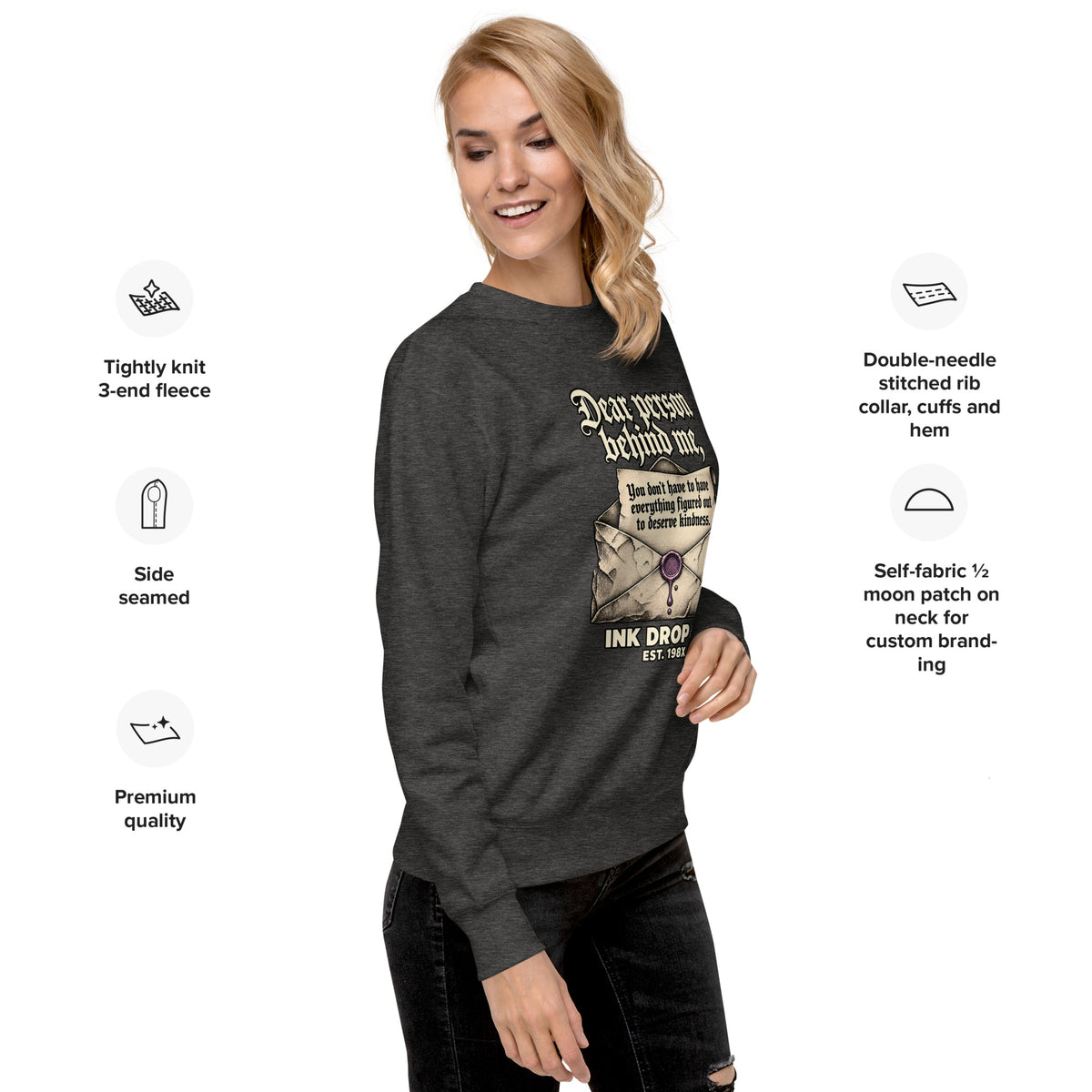 Unisex crewneck sweatshirt in charcoal heather with front graphic and ribbed cuffs