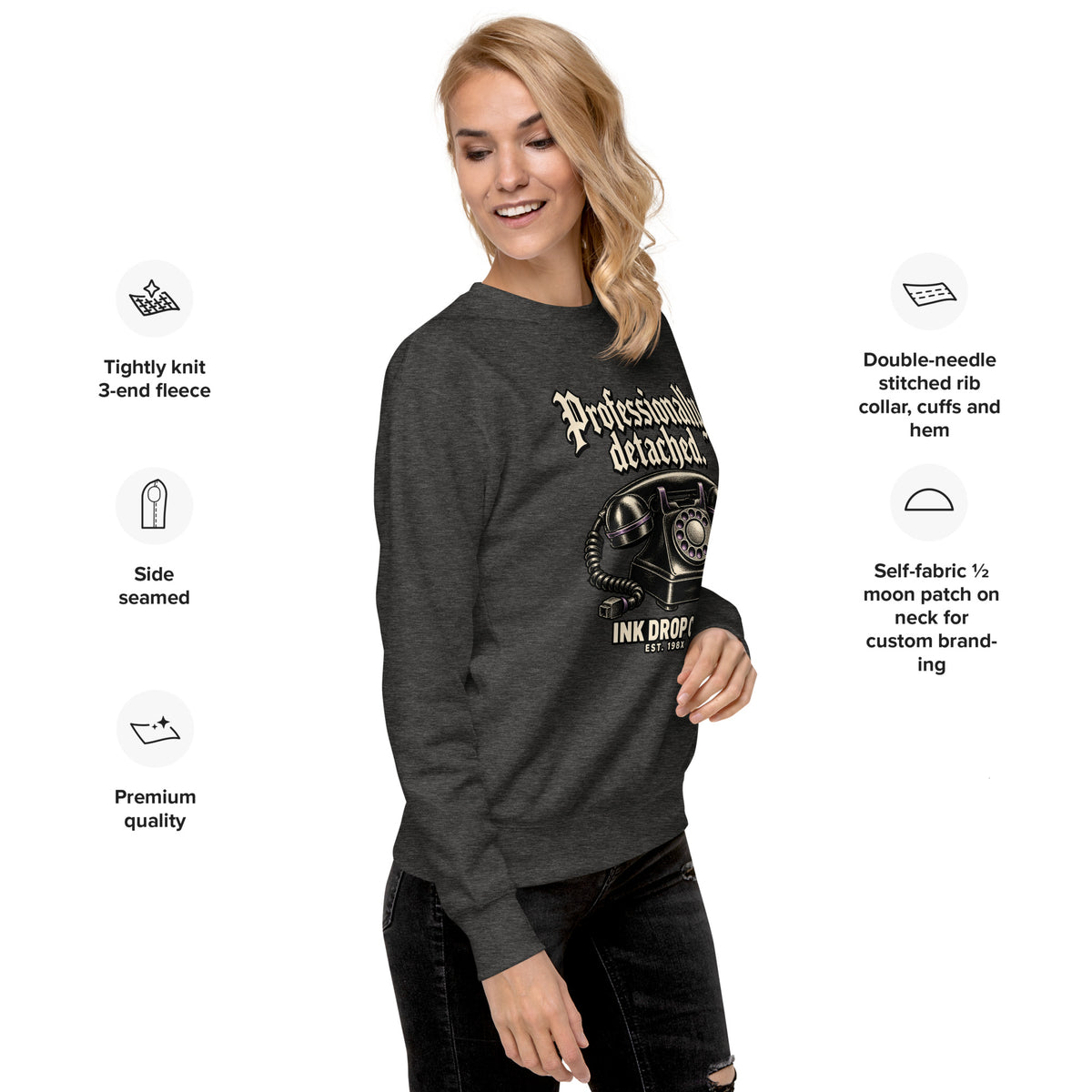 Charcoal heather unisex crewneck sweatshirt with front graphic and long sleeves