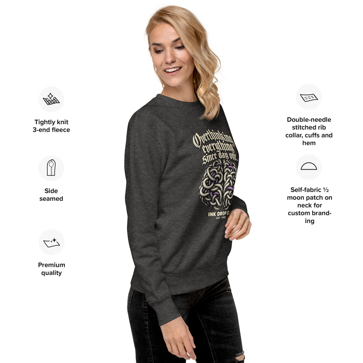 Heather grey unisex crewneck sweatshirt side view with front graphic print and ribbed hem