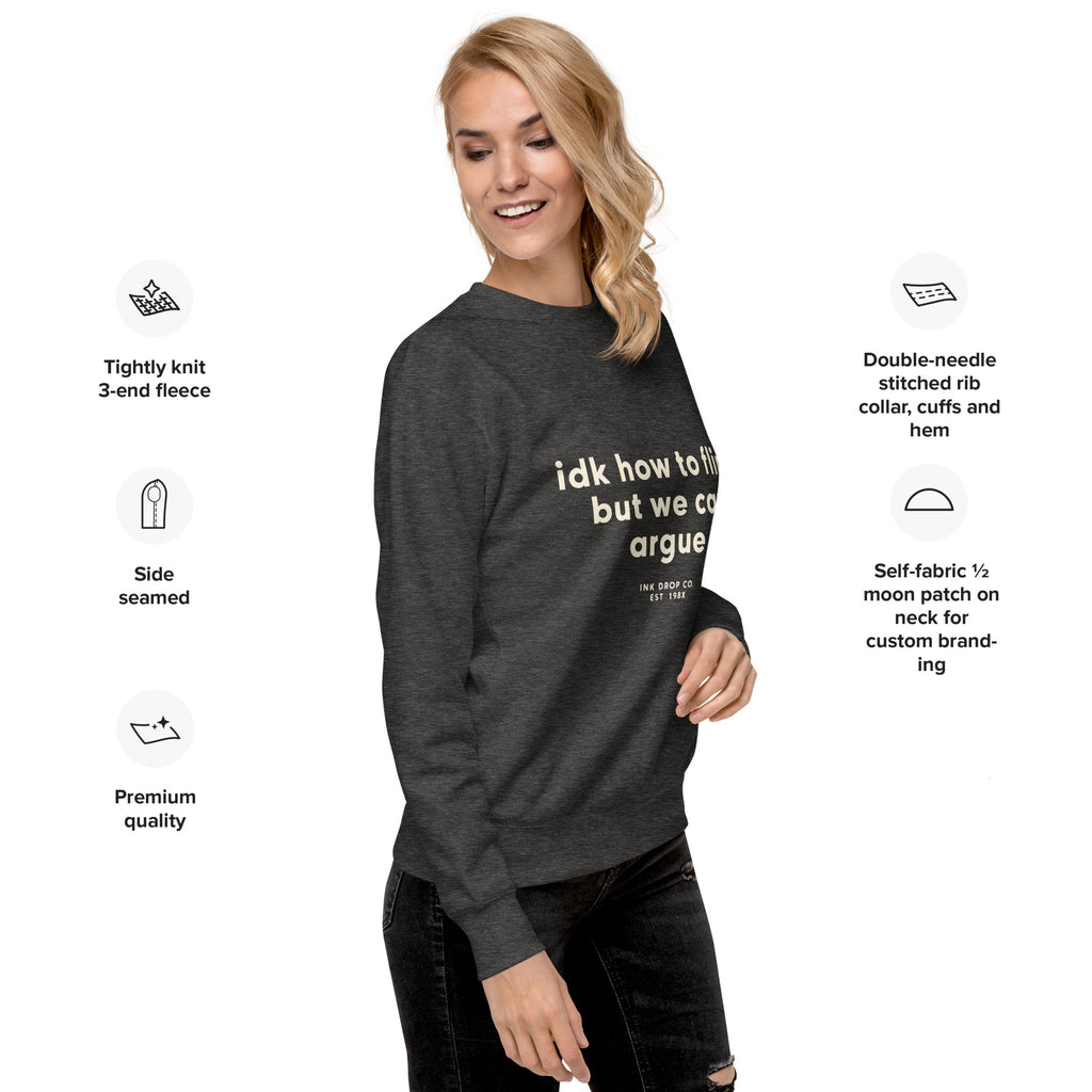 Dark grey unisex crewneck sweatshirt with front graphic print and ribbed cuffs