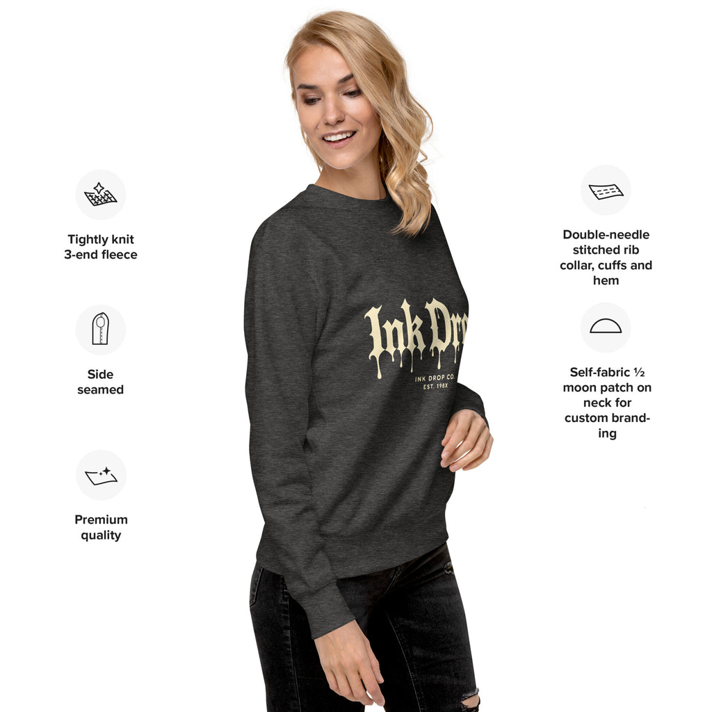 Heather gray unisex crewneck sweatshirt with front gothic drip logo print on model
