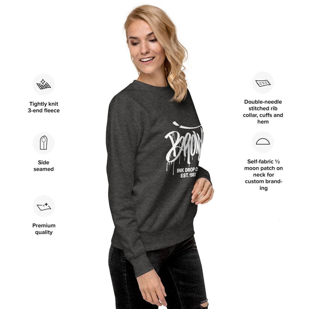 Charcoal heather unisex crewneck sweatshirt, front logo print, long sleeves, ribbed hem