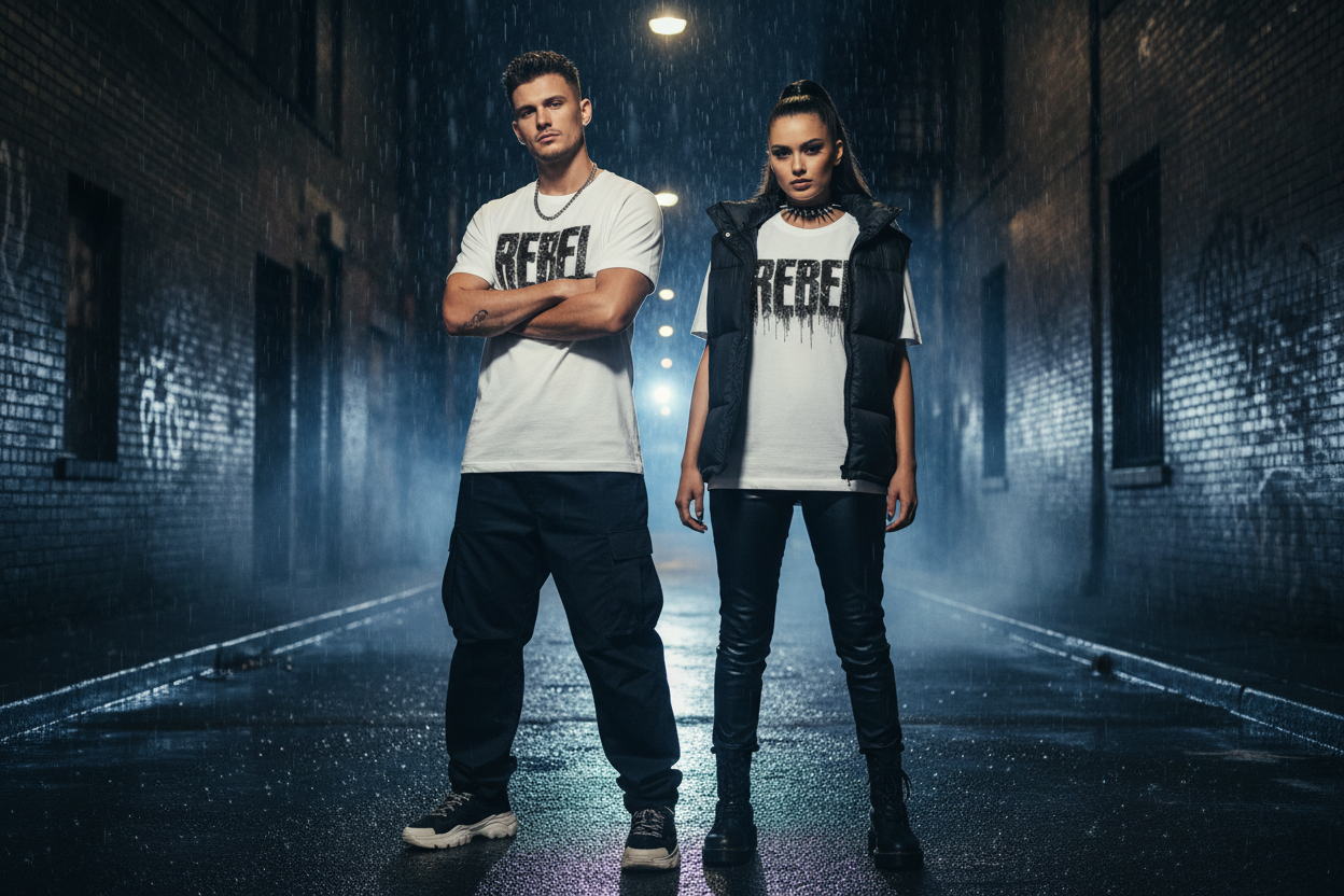 Two unisex T-shirts with REBEL graphic on the chest, one white and one dark