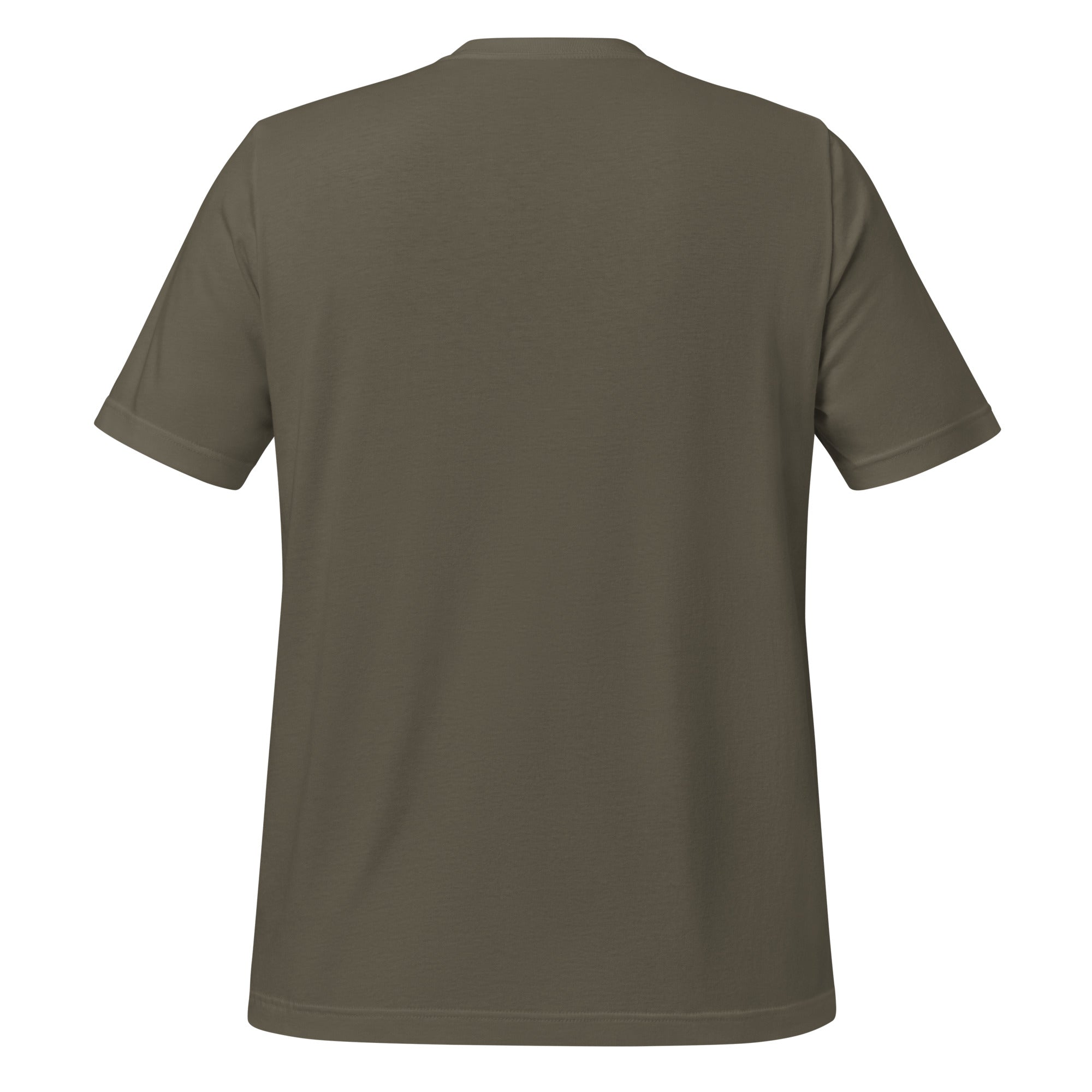 Unisex graphic T-shirt, dark olive green, crew neck, short sleeves, plain back