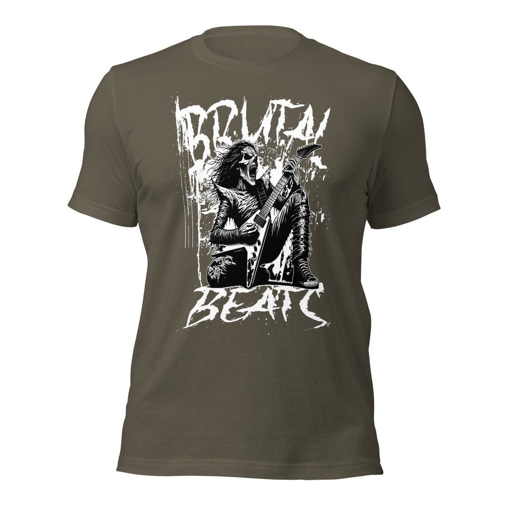 Olive unisex graphic T-shirt with front rock musician and text print