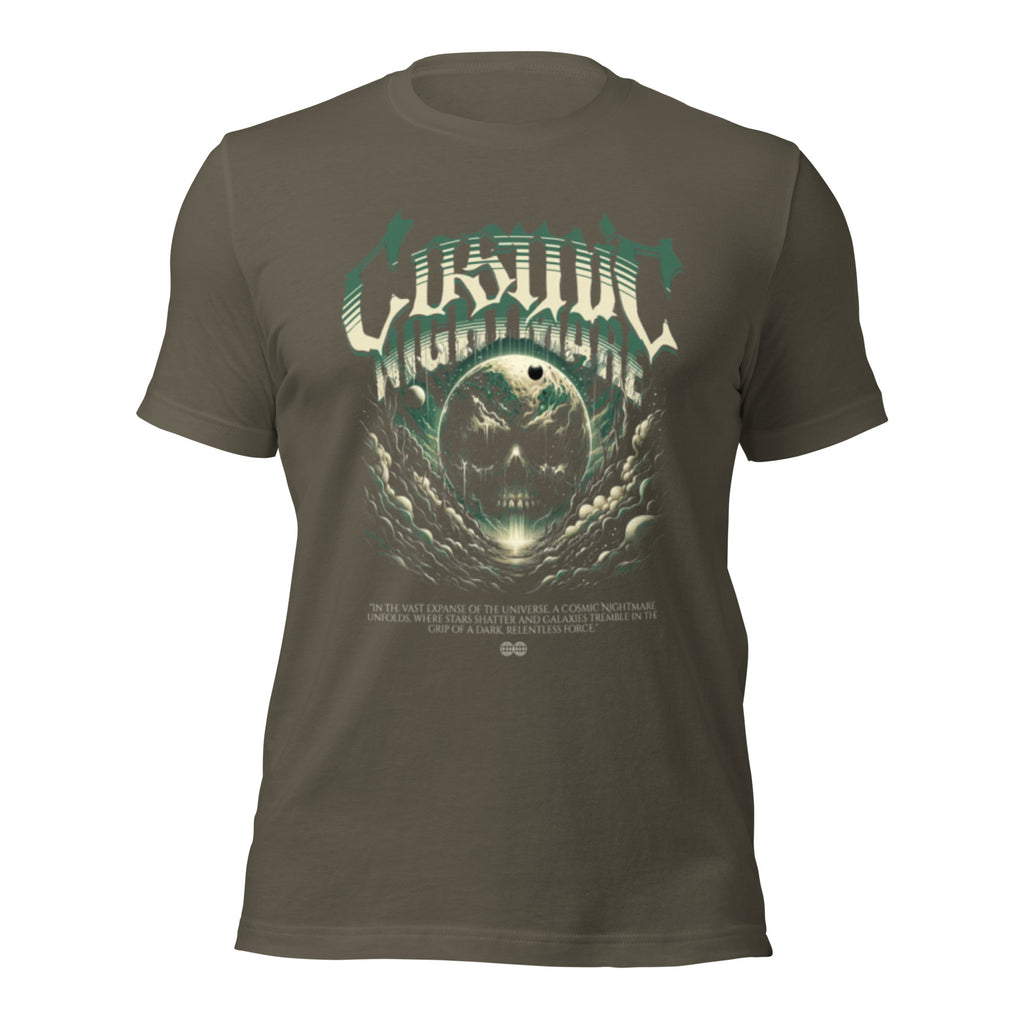 Unisex dark green graphic T-shirt with teal-and-white alien skull face front print